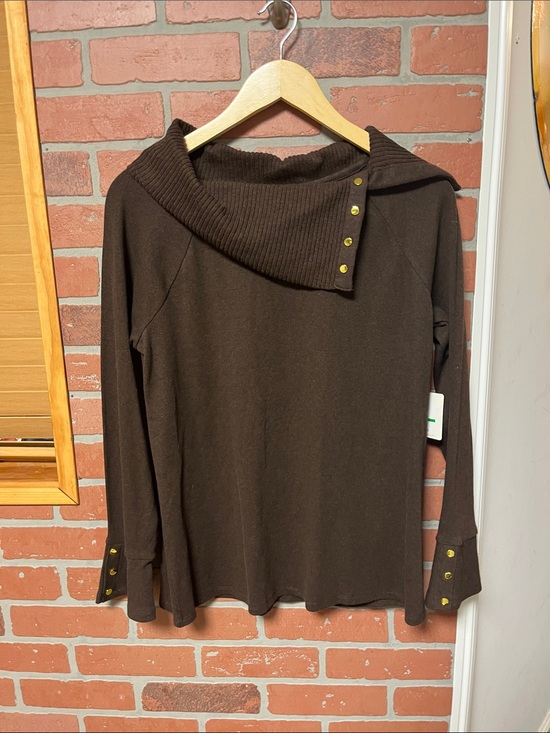 Rafaella Sweaters - Rafaella Chocolate Brown Asymmetric Button Cowl Sweater